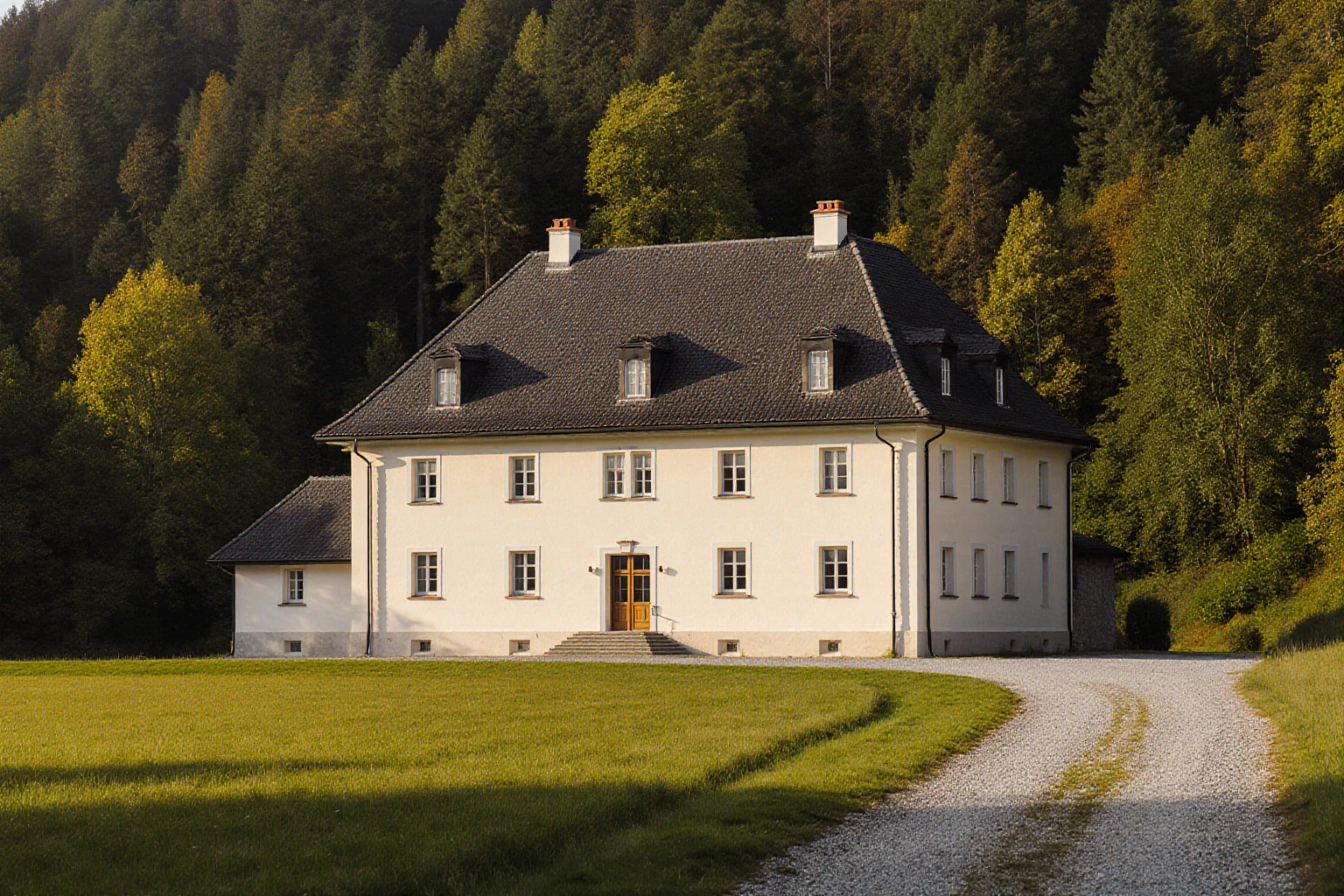 Schlichtes Jagdhaus am Rand eines Mischwalds